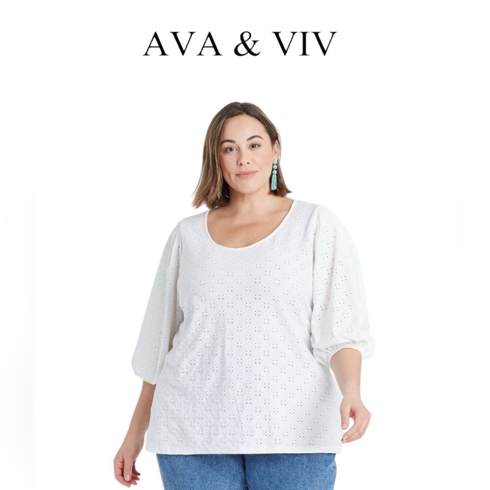 Ava & Viv EUC White 3/4 Sleeve Puff-Sleeve Eyelet Knit Top Size 2x